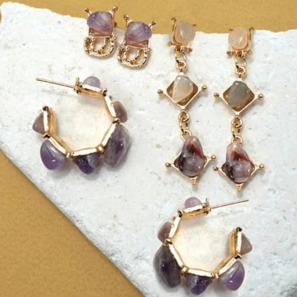 Amethyst Purple Natural Stone‎ Trio Earring Set